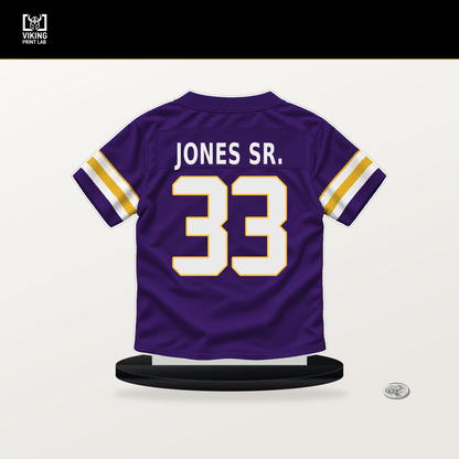 Aaron Jones Sr. number 33 Minnesota Vikings jersey stand with included black base.
