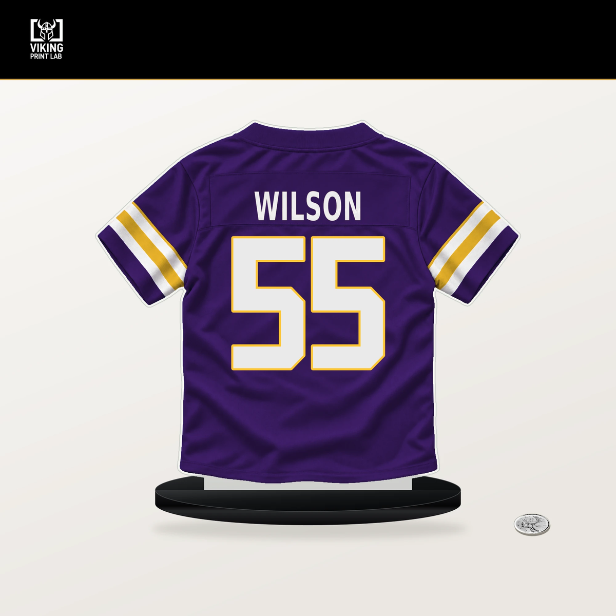 Eric Wilson number 55 Minnesota Vikings jersey stand with included black base.