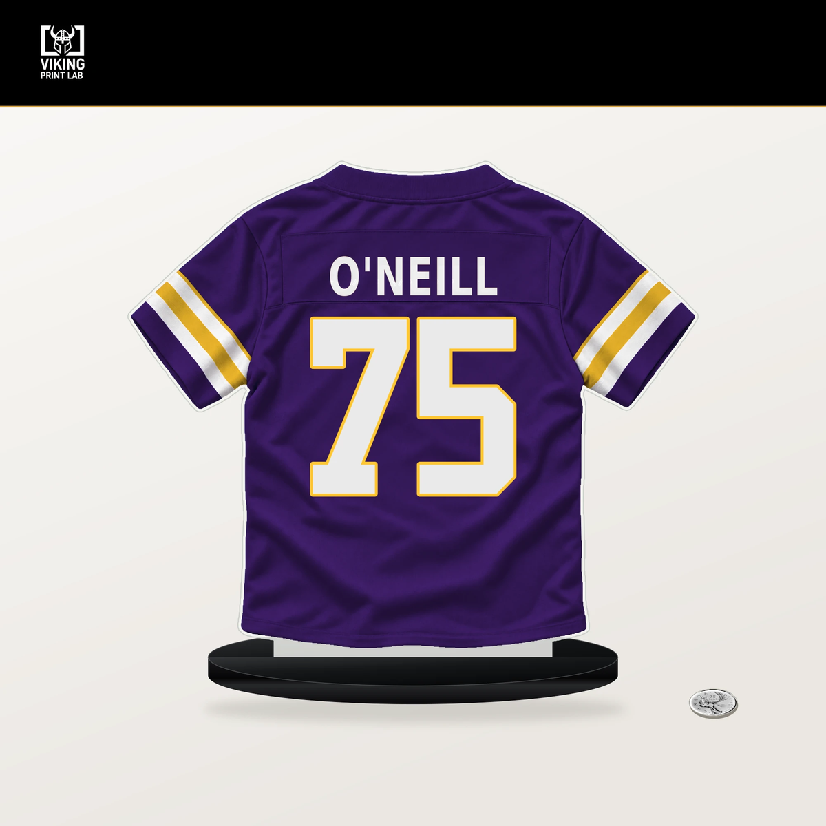 Brian O'Neill number 75 Minnesota Vikings jersey stand with included black base.