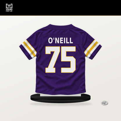 Brian O'Neill number 75 Minnesota Vikings jersey stand with included black base.
