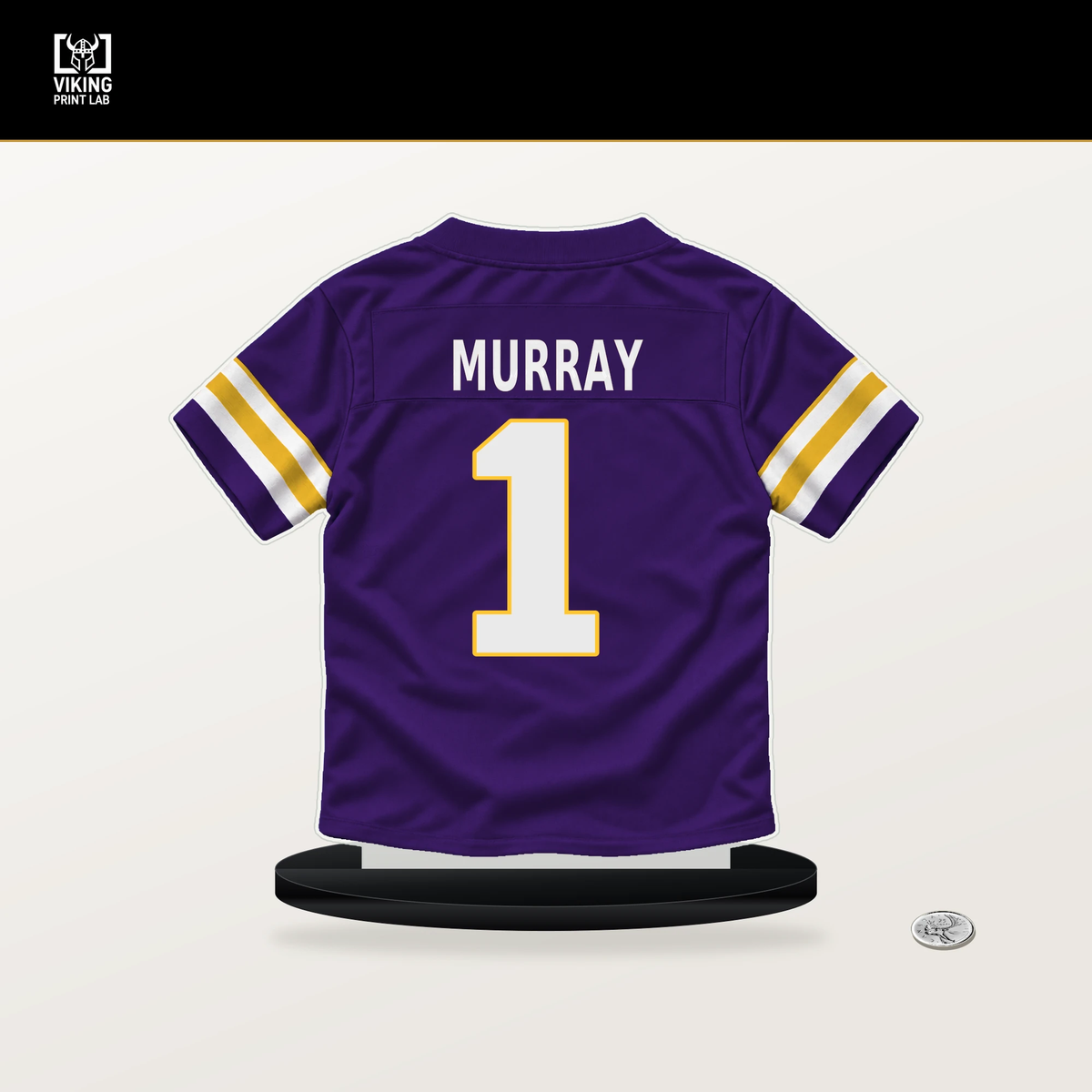 Kyler Murray number 1 Minnesota Vikings jersey stand with included black base.