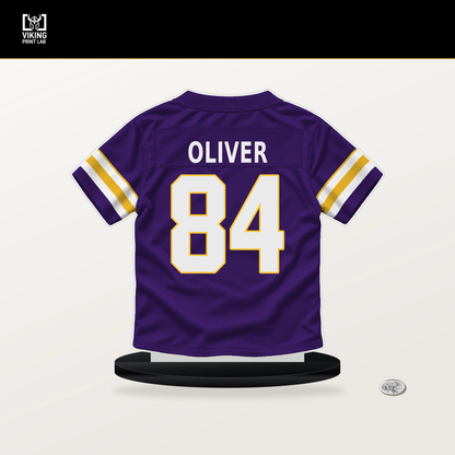 Josh Oliver number 84 Minnesota Vikings jersey stand with included black base.