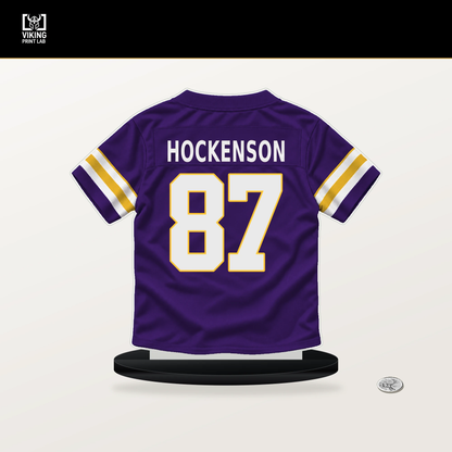 T.J. Hockenson number 87 Minnesota Vikings jersey stand with included black base.