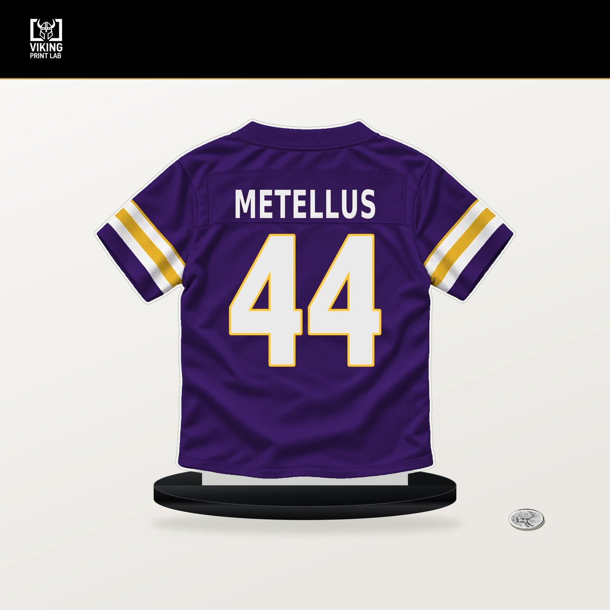Joshua Metellus number 44 Minnesota Vikings jersey stand with included black base.