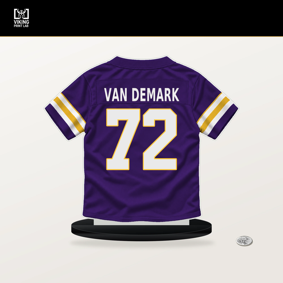 Ryan Van Demark number 72 Minnesota Vikings jersey stand with included black base.