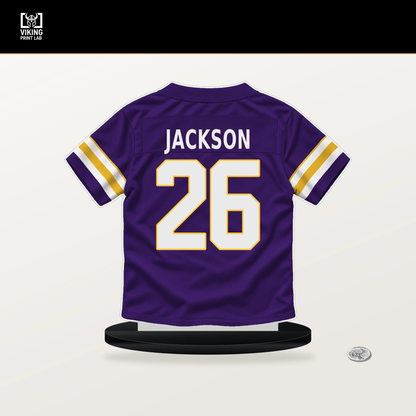 Theo Jackson number 26 Minnesota Vikings jersey stand with included black base.
