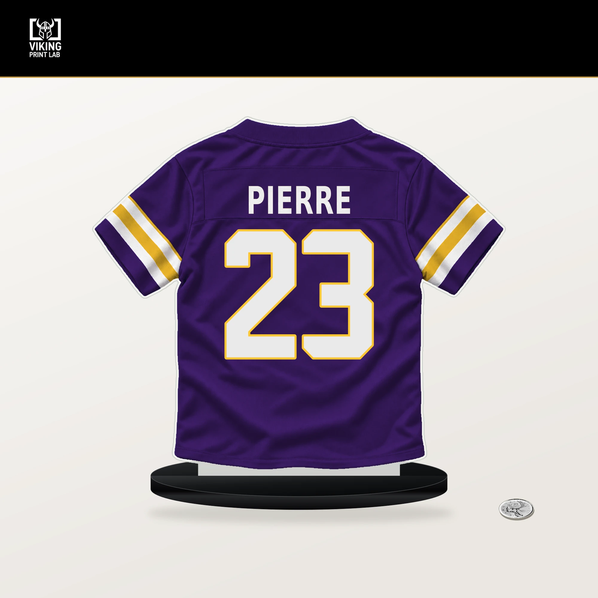 James Pierre number 23 Minnesota Vikings jersey stand with included black base.
