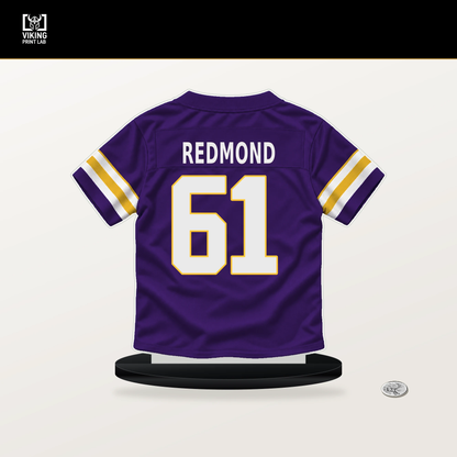 Jalen Redmond number 61 Minnesota Vikings jersey stand with included black base.