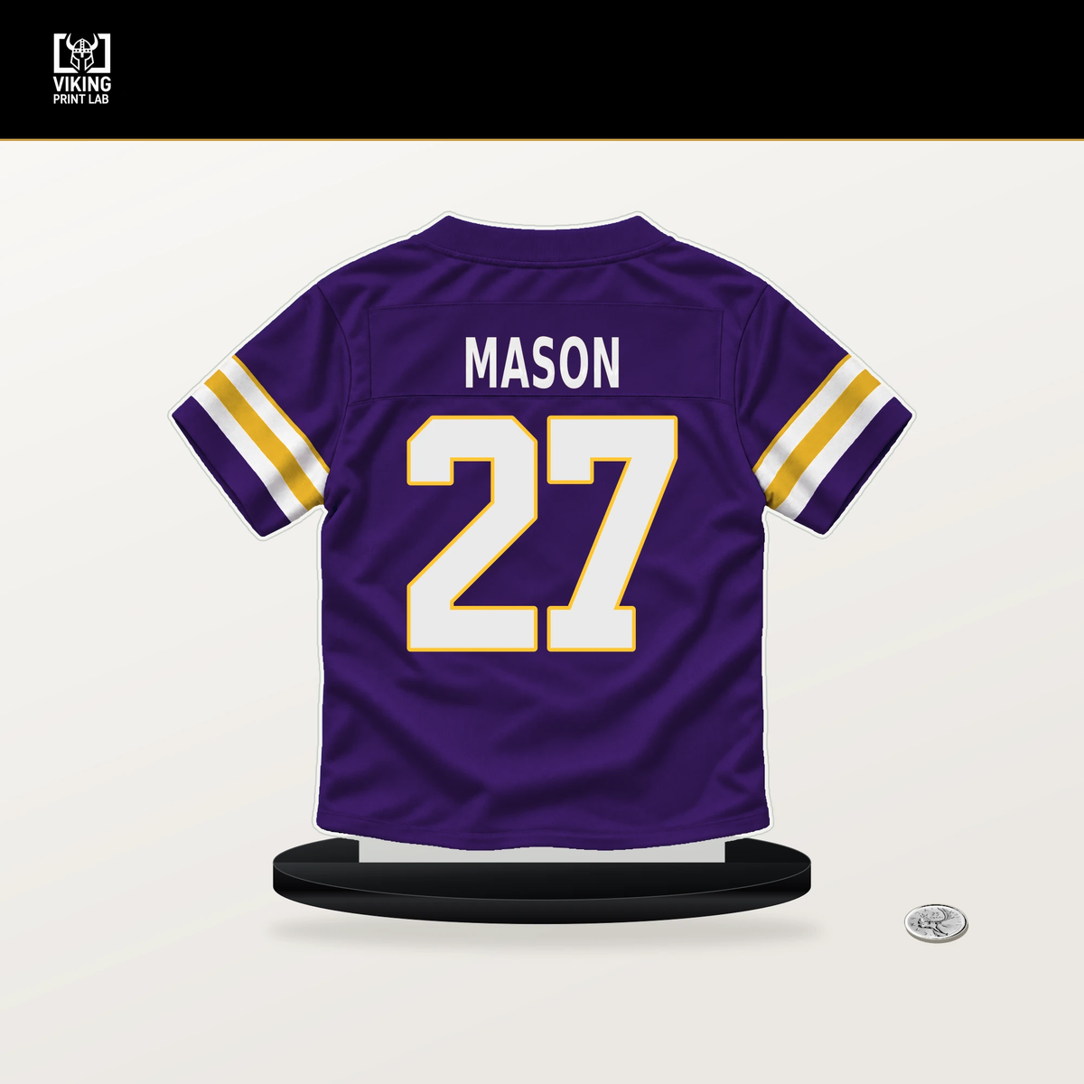 Jordan Mason number 27 Minnesota Vikings jersey stand with included black base.