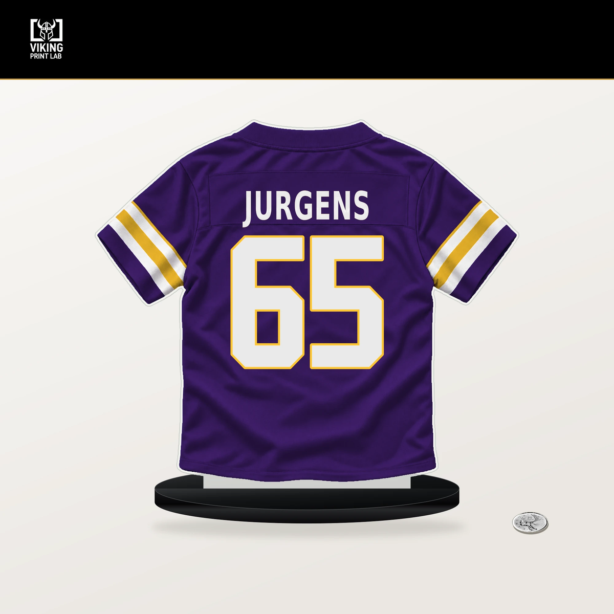 Michael Jurgens number 65 Minnesota Vikings jersey stand with included black base.
