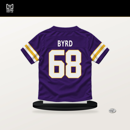 Henry Byrd number 68 Minnesota Vikings jersey stand with included black base.
