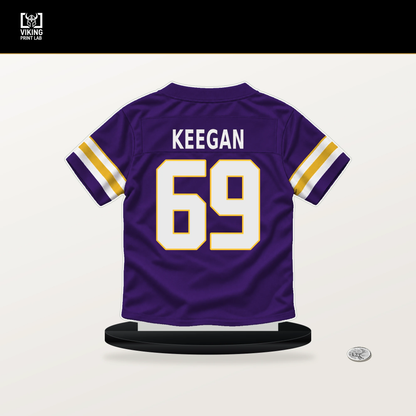 Trevor Keegan number 69 Minnesota Vikings jersey stand with included black base.