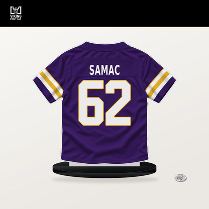 Nick Samac number 62 Minnesota Vikings jersey stand with included black base.