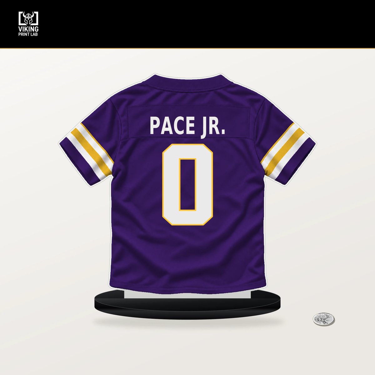 Ivan Pace Jr. number 0 Minnesota Vikings jersey stand with included black base.