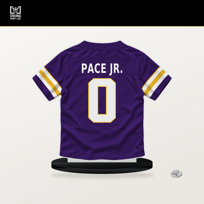 Ivan Pace Jr. number 0 Minnesota Vikings jersey stand with included black base.