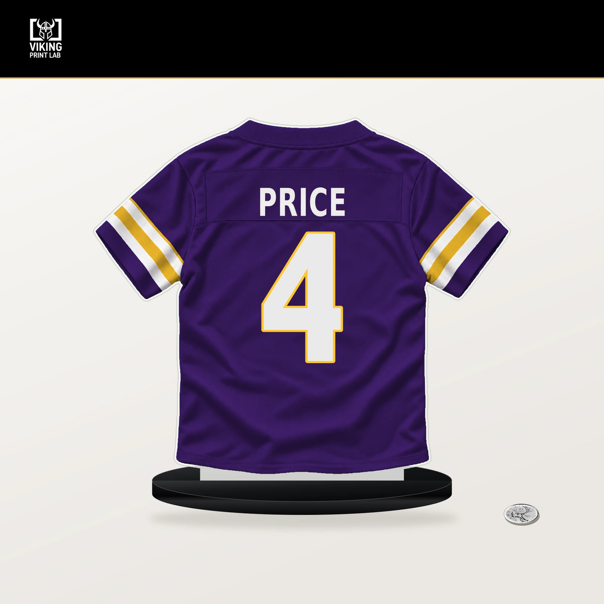 Myles Price number 4 Minnesota Vikings jersey stand with included black base.