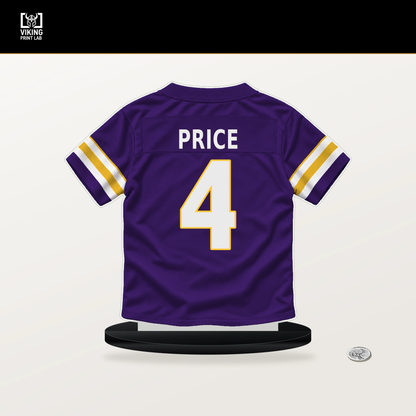 Myles Price number 4 Minnesota Vikings jersey stand with included black base.
