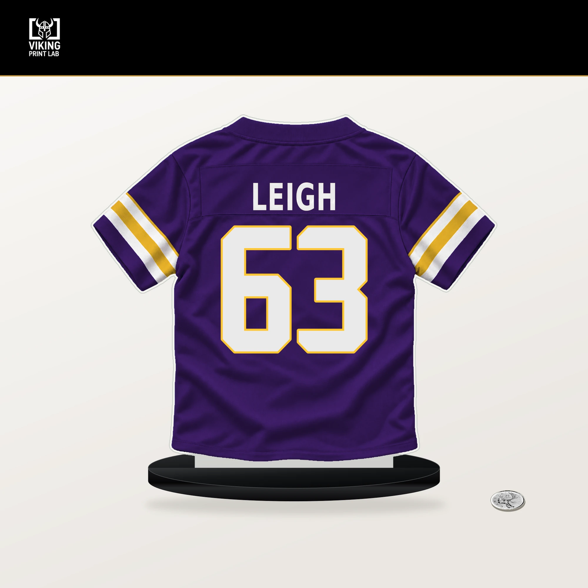 Tristan Leigh number 63 Minnesota Vikings jersey stand with included black base.