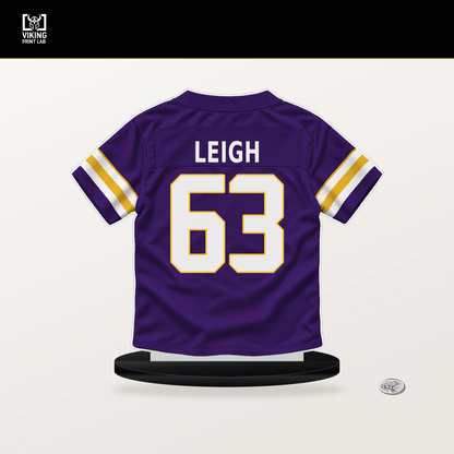 Tristan Leigh number 63 Minnesota Vikings jersey stand with included black base.