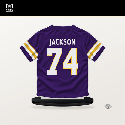 Donovan Jackson number 74 Minnesota Vikings jersey stand with included black base.