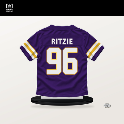 Jahvaree Ritzie number 96 Minnesota Vikings jersey stand with included black base.