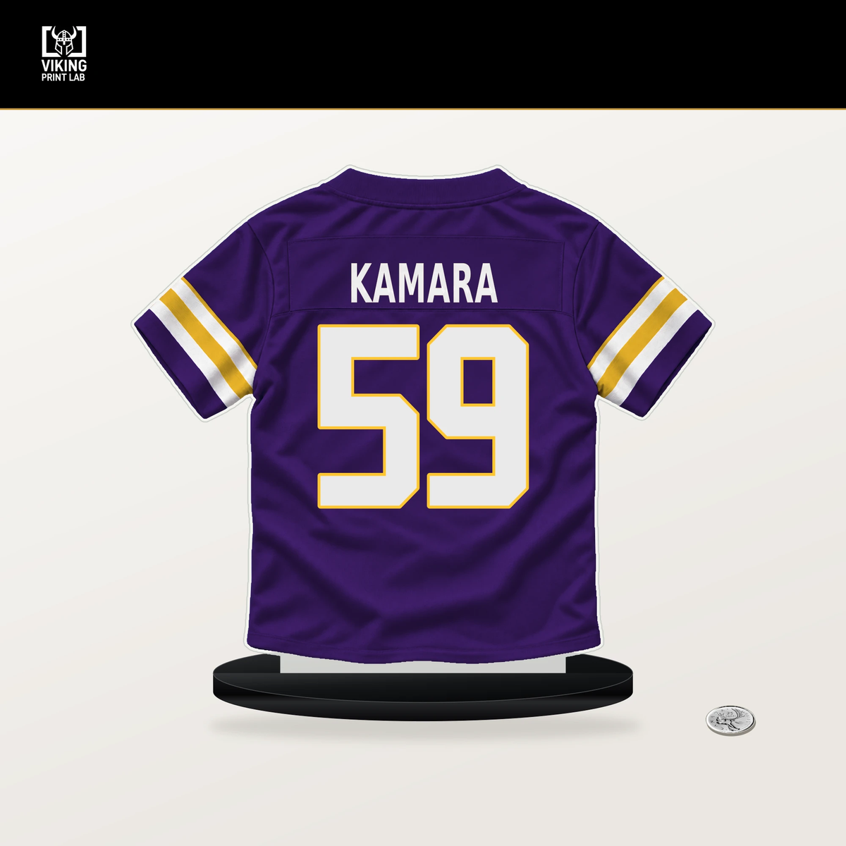 Bangally Kamara number 59 Minnesota Vikings jersey stand with included black base.