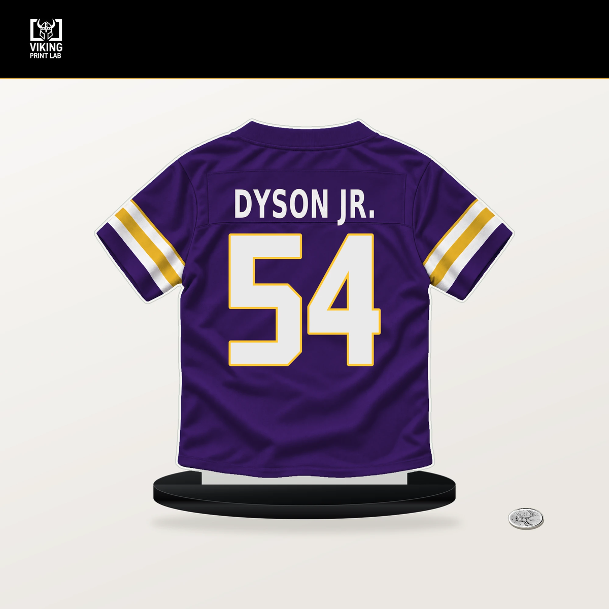 Kenny Dyson Jr. number 54 Minnesota Vikings jersey stand with included black base.