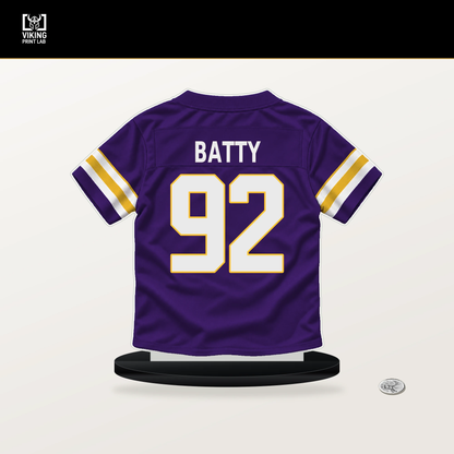 Tyler Batty number 92 Minnesota Vikings jersey stand with included black base.