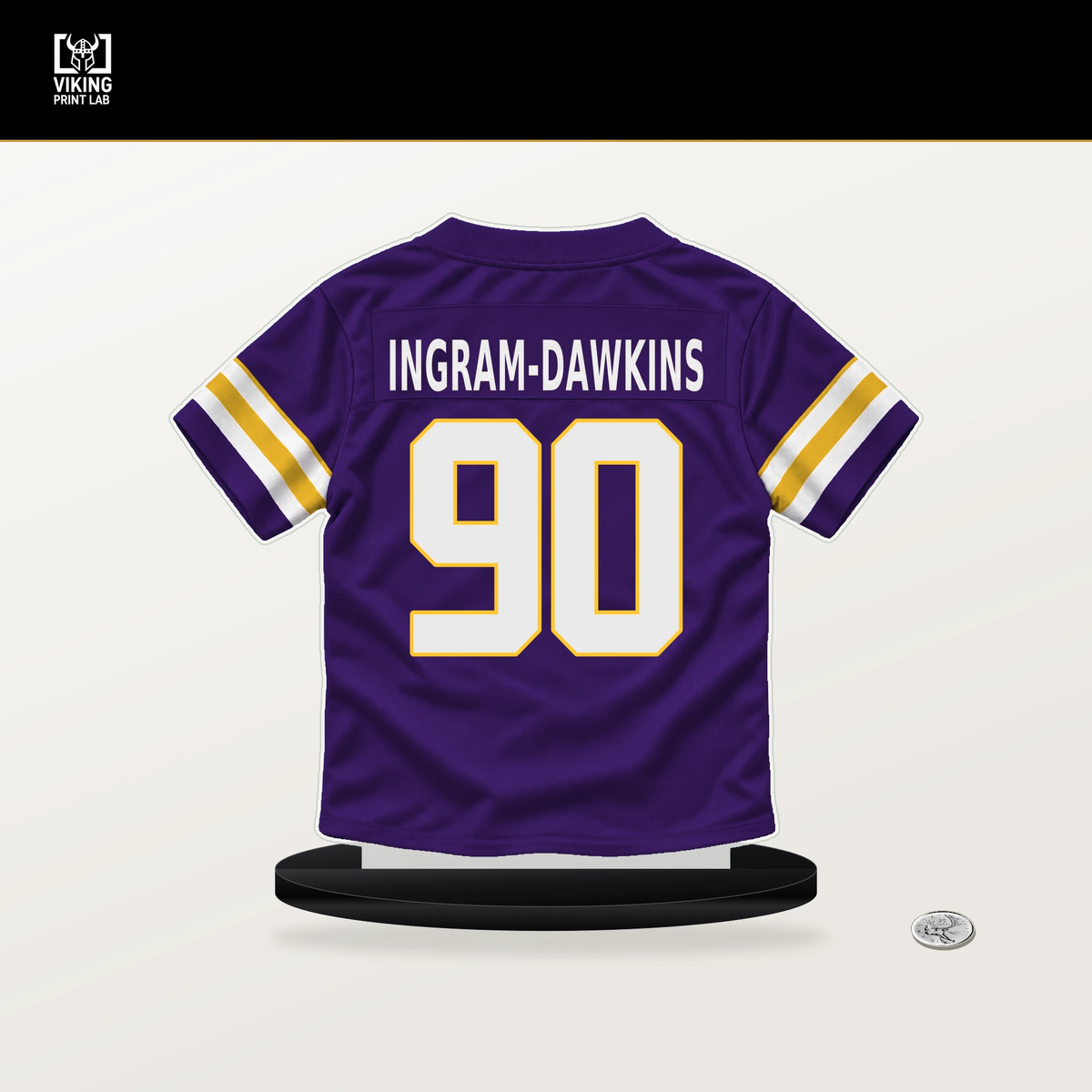 Tyrion Ingram-Dawkins number 90 Minnesota Vikings jersey stand with included black base.