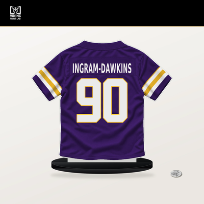 Tyrion Ingram-Dawkins number 90 Minnesota Vikings jersey stand with included black base.