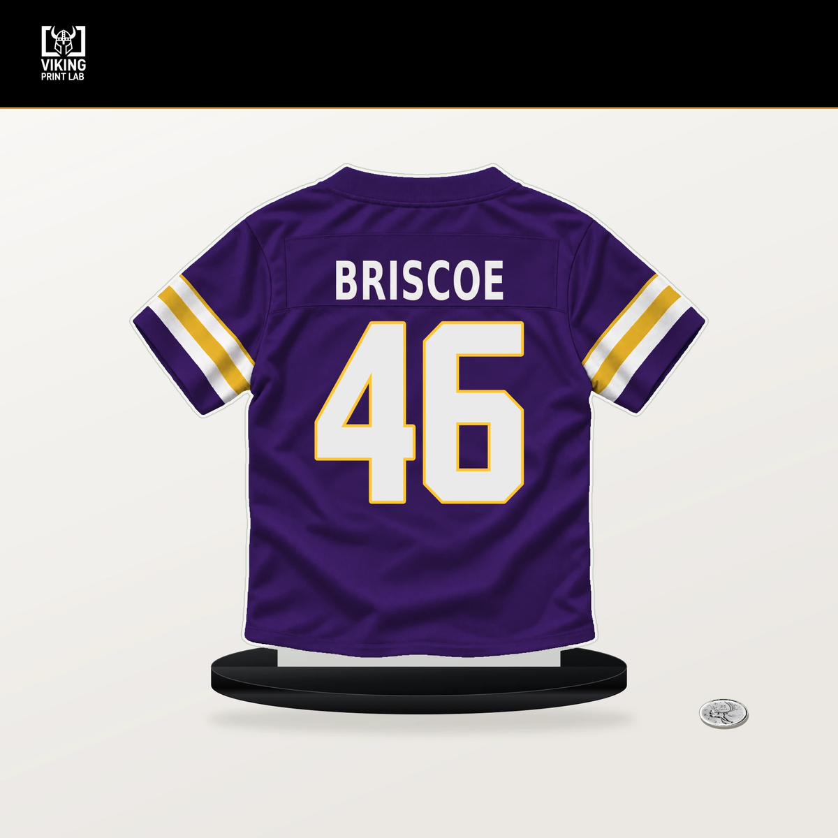 Michael Briscoe number 46 Minnesota Vikings jersey stand with included black base.