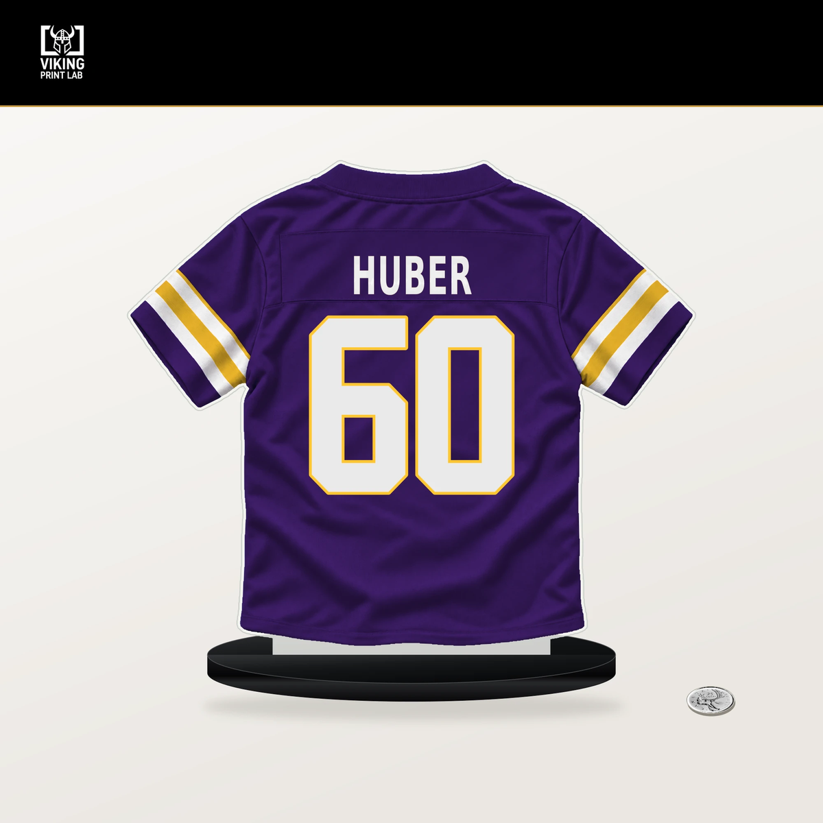 Joe Huber number 60 Minnesota Vikings jersey stand with included black base.