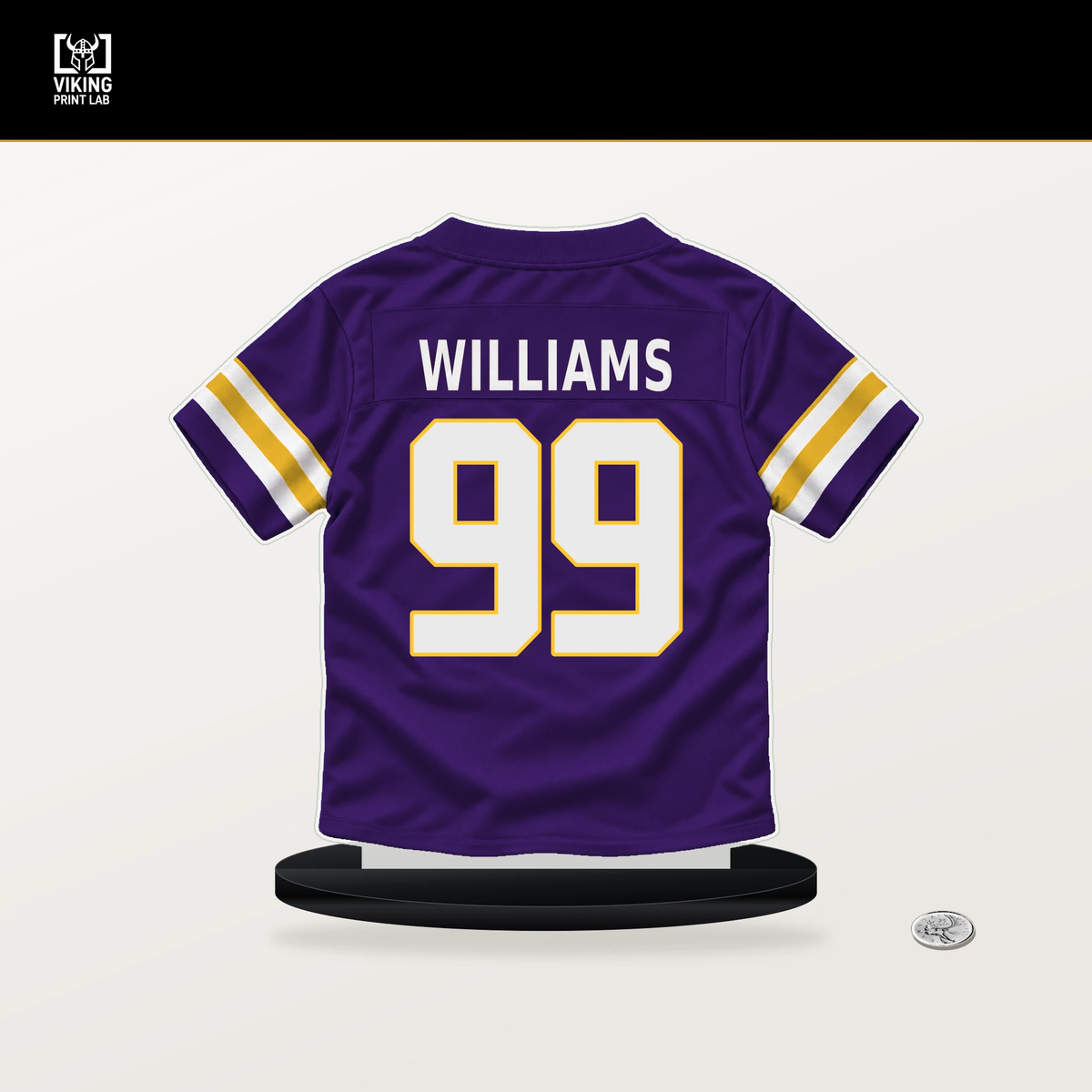 Elijah Williams number 99 Minnesota Vikings jersey stand with included black base.