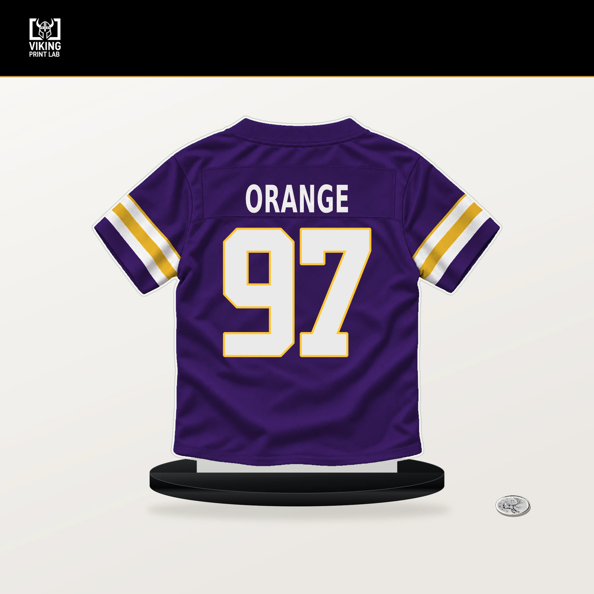 Domonique Orange number 97 Minnesota Vikings jersey stand with included black base.