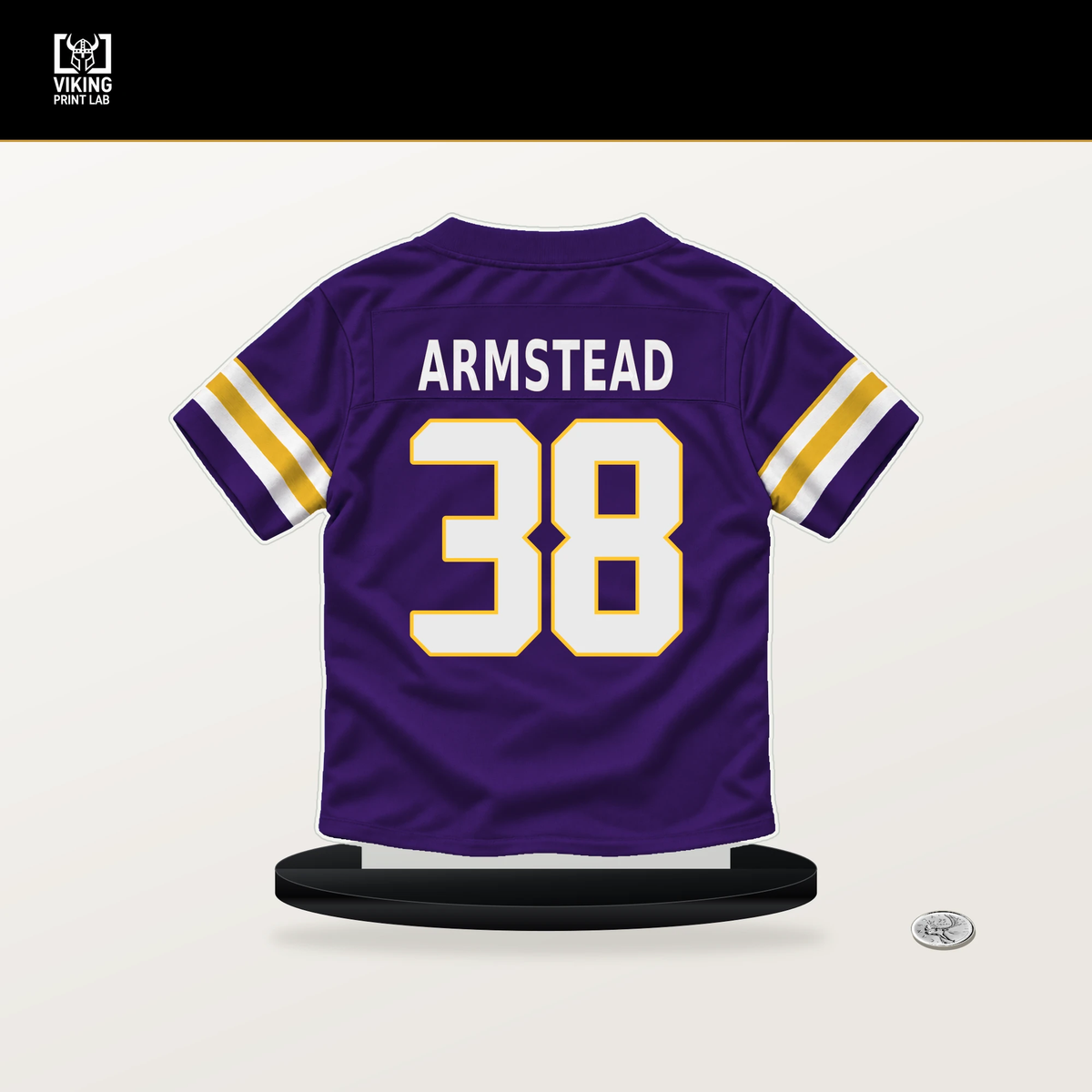 Da'Veawn Armstead number 38 Minnesota Vikings jersey stand with included black base.