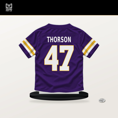 Brett Thorson number 47 Minnesota Vikings jersey stand with included black base.
