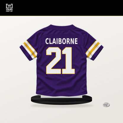 Demond Claiborne number 21 Minnesota Vikings jersey stand with included black base.