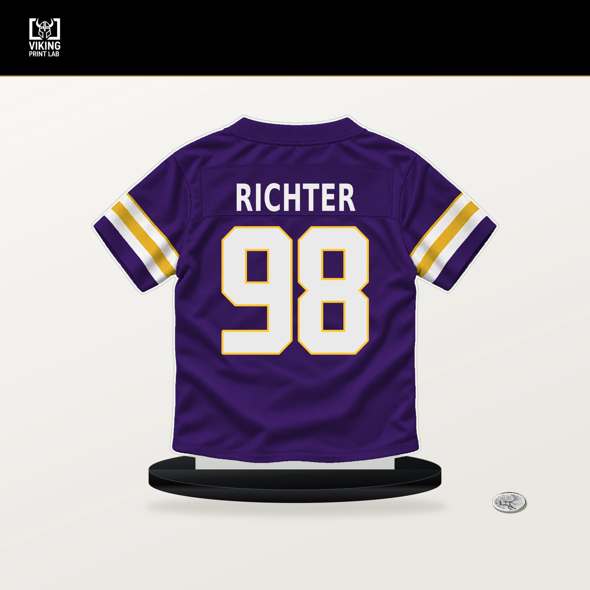 Bo Richter number 98 Minnesota Vikings jersey stand with included black base.