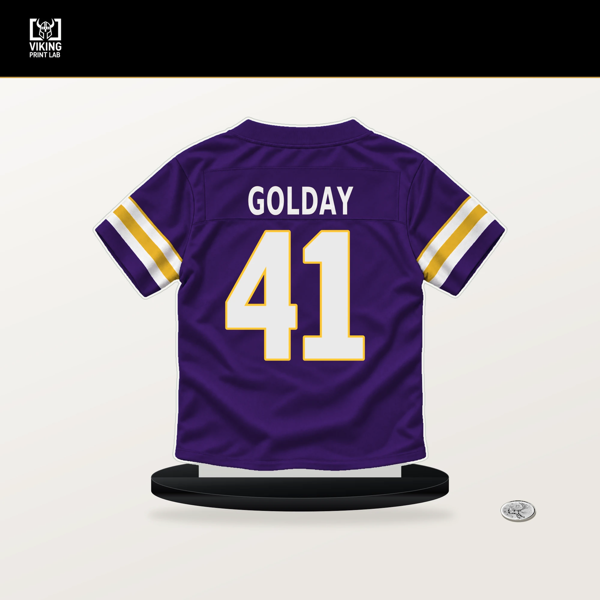Jake Golday number 41 Minnesota Vikings jersey stand with included black base.