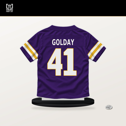 Jake Golday number 41 Minnesota Vikings jersey stand with included black base.