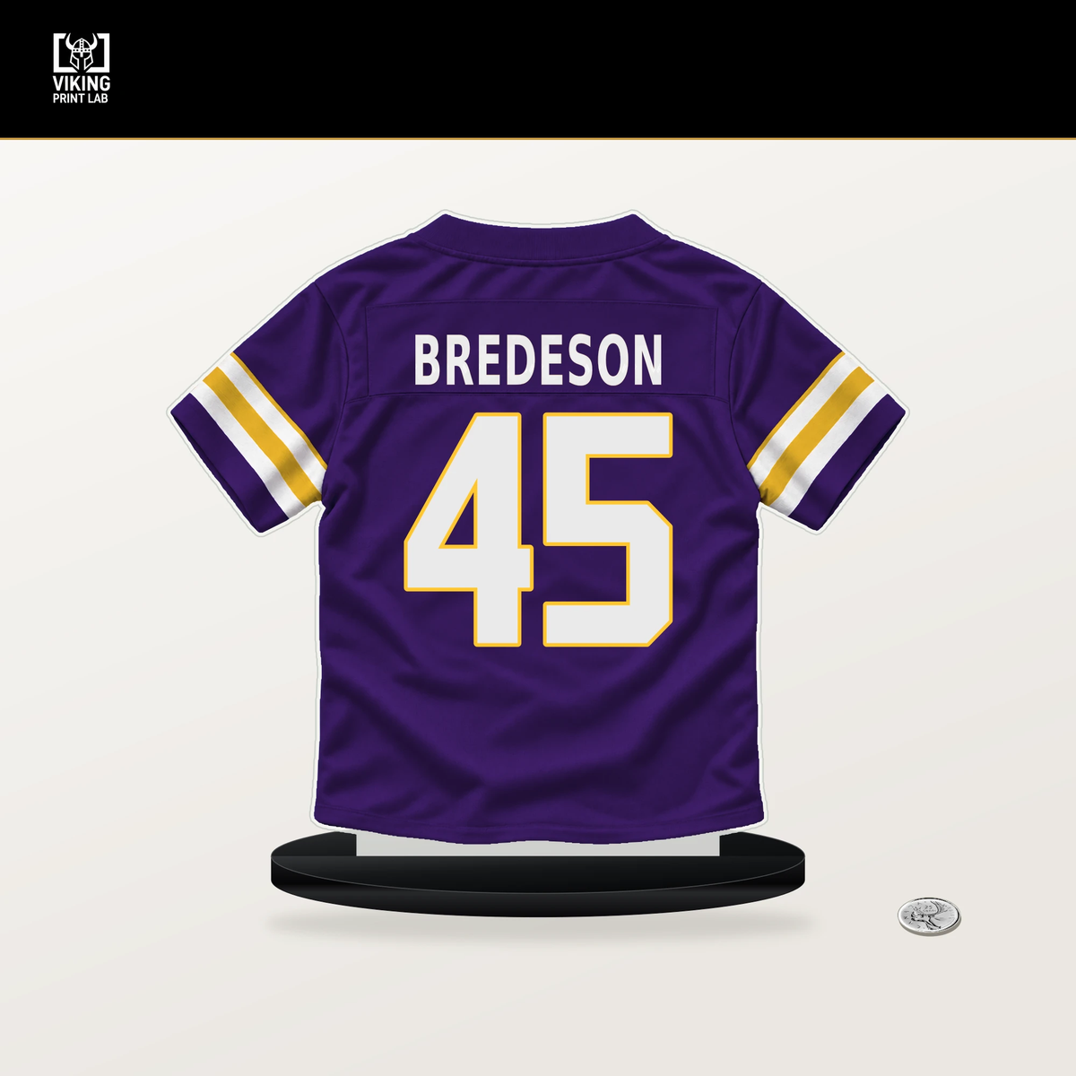 Max Bredeson number 45 Minnesota Vikings jersey stand with included black base.