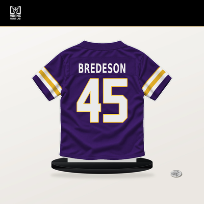 Max Bredeson number 45 Minnesota Vikings jersey stand with included black base.