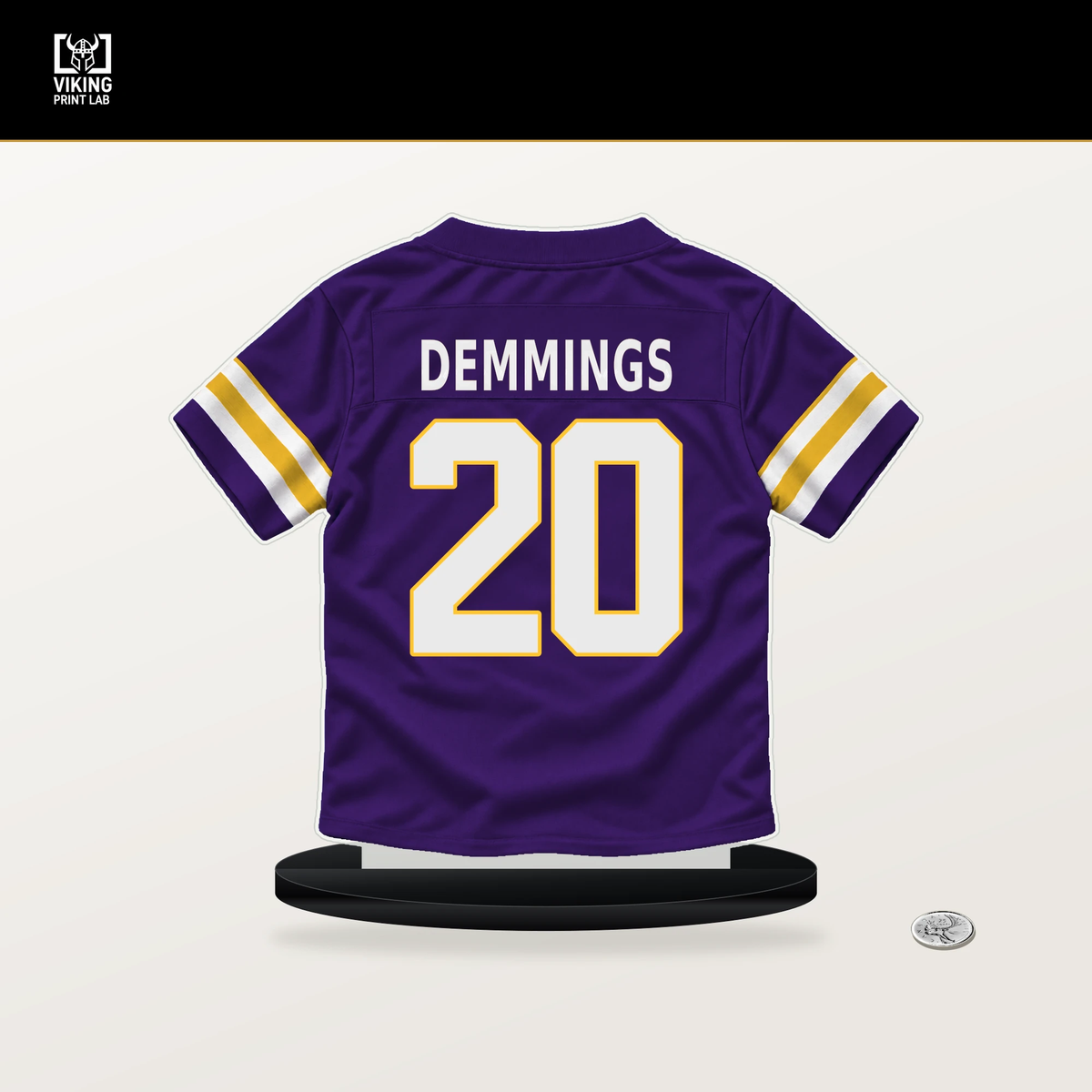 Charles Demmings number 20 Minnesota Vikings jersey stand with included black base.