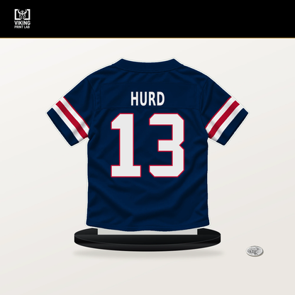 Jalen Hurd number 13 New England Patriots jersey stand with included black base.