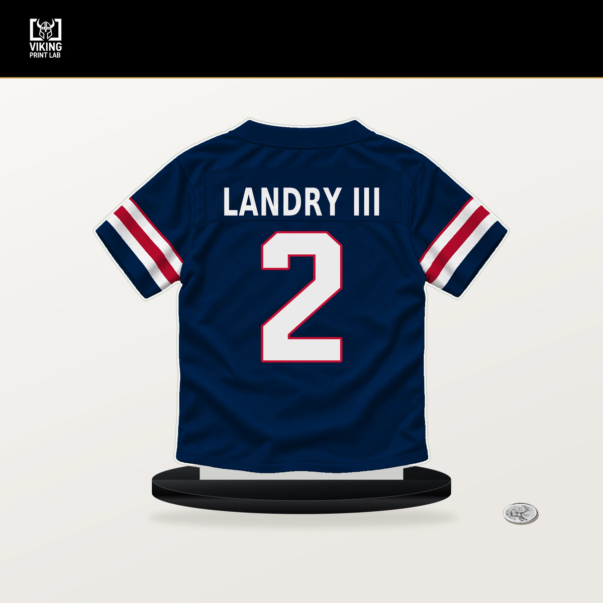 Harold Landry III number 2 New England Patriots jersey stand with included black base.