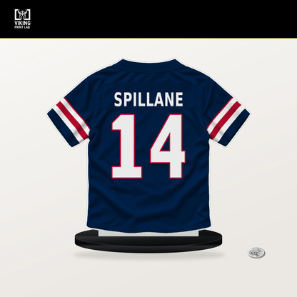 Robert Spillane number 14 New England Patriots jersey stand with included black base.