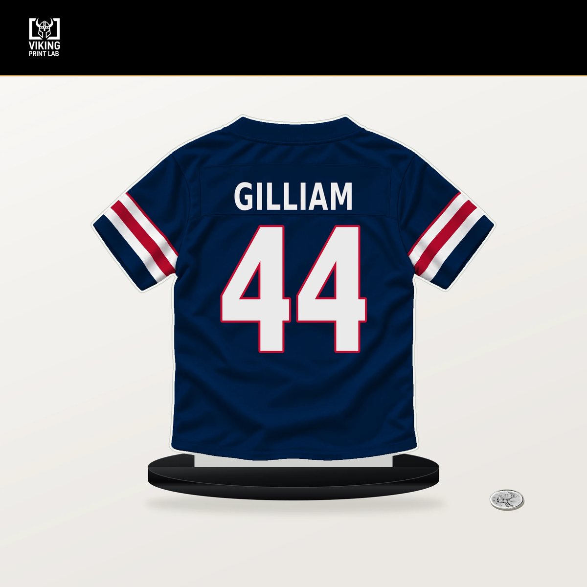 Reggie Gilliam number 44 New England Patriots jersey stand with included black base.
