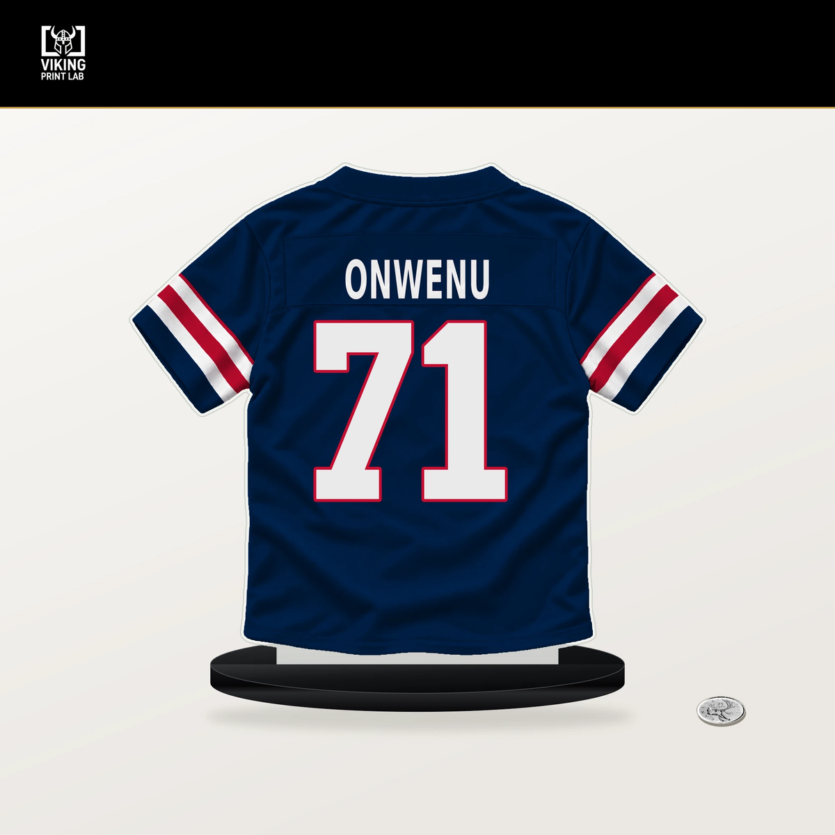 Mike Onwenu number 71 New England Patriots jersey stand with included black base.