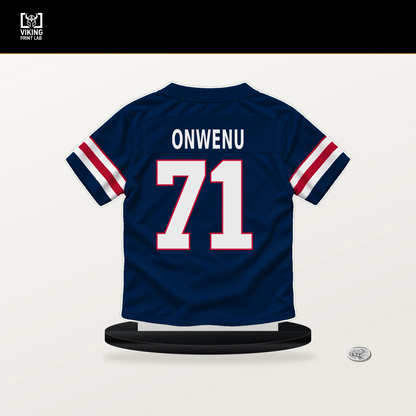 Mike Onwenu number 71 New England Patriots jersey stand with included black base.