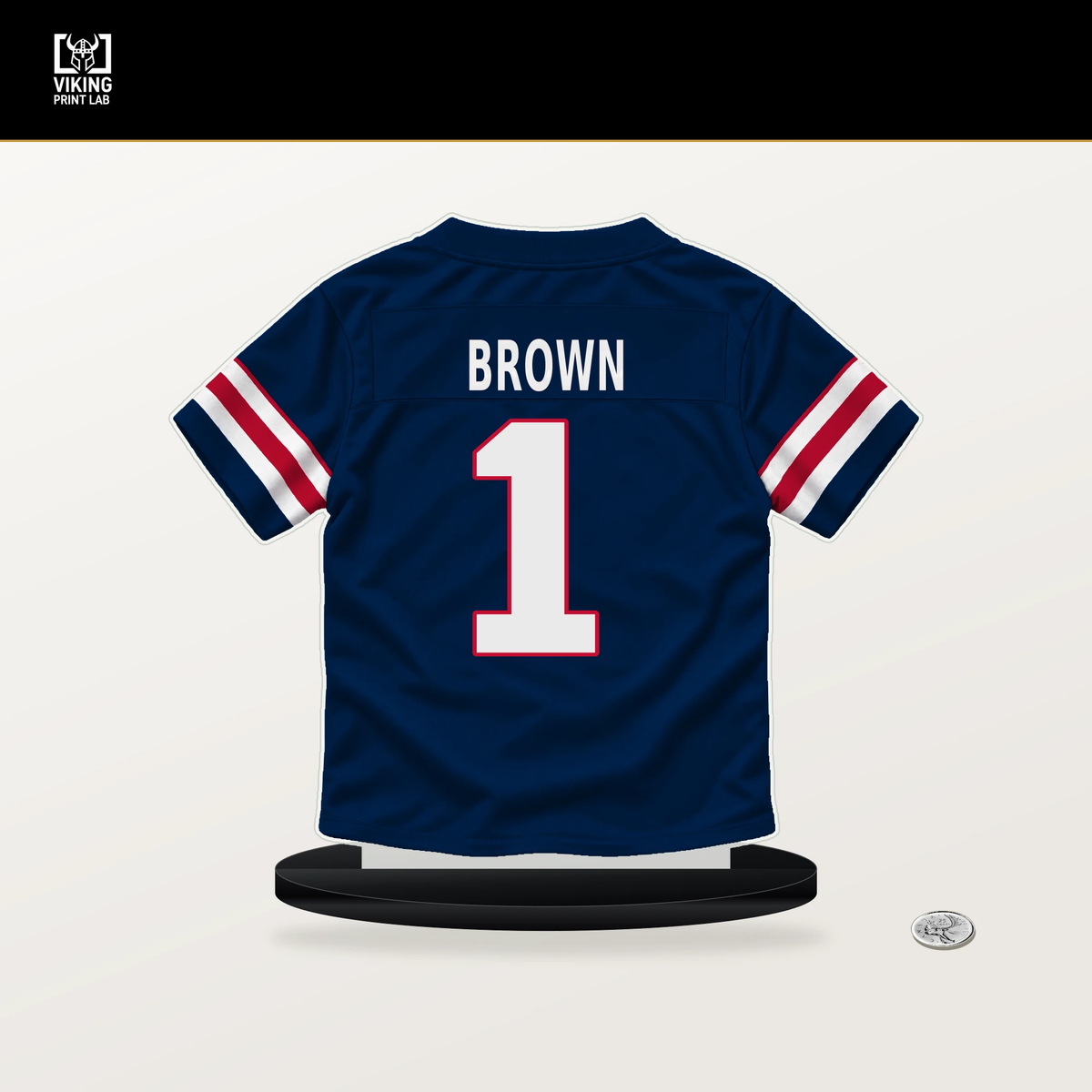 A.J. Brown number 1 New England Patriots jersey stand with included black base.